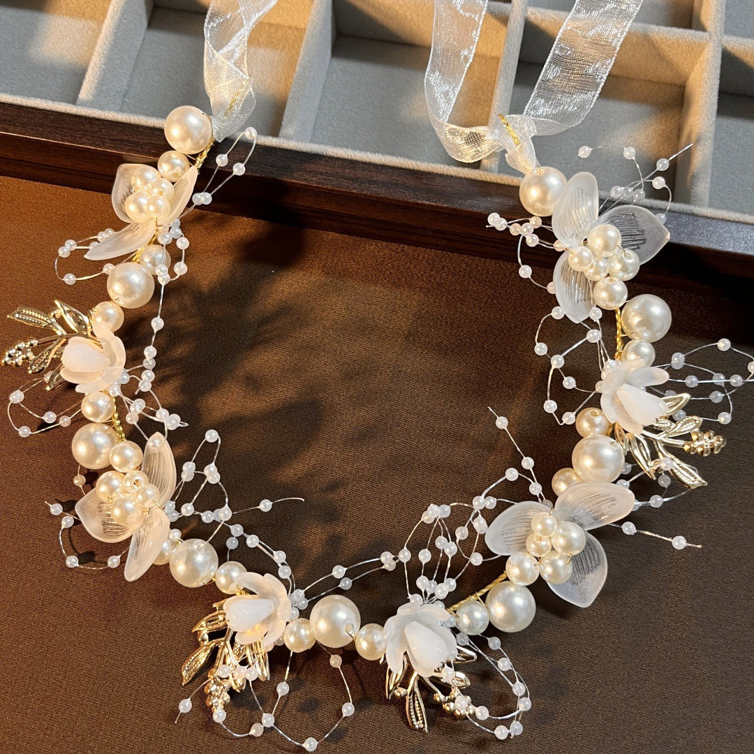 Children's Headband Sweet European Style Fairy Style Golden Leaf Headband Flower Wreath Pearl Headband Bride's New Crown - image 1