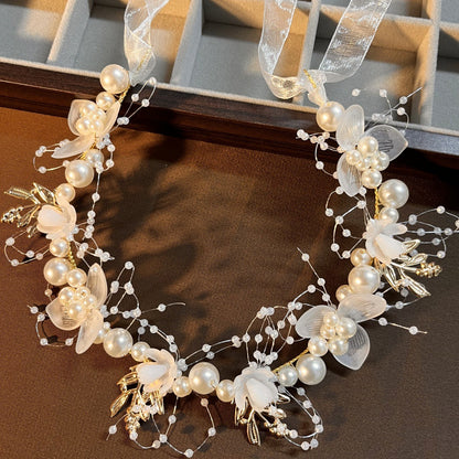 Children's Headband Sweet European Style Fairy Style Golden Leaf Headband Flower Wreath Pearl Headband Bride's New Crown - image 1