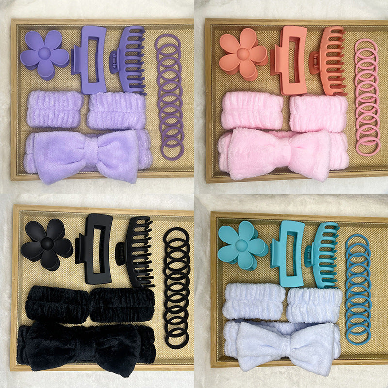 Cross-border Hot Soft Hair Band Headwear Bow Wash with Multi-color Large Grab Clip Elastic Hair Ring 16-piece Set - image 1