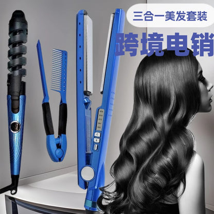 Cross-border three-in-one spiral curling iron comb automatic curling iron straight hair electric splint bangs hair perm suit - image 1