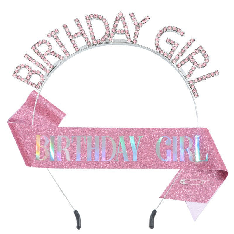 Cross-Border Fashion Birthday Girl Birthday Gir Headband Shoulder Strap Set Rhinestone Decoration Party Headband Headdress - image 1