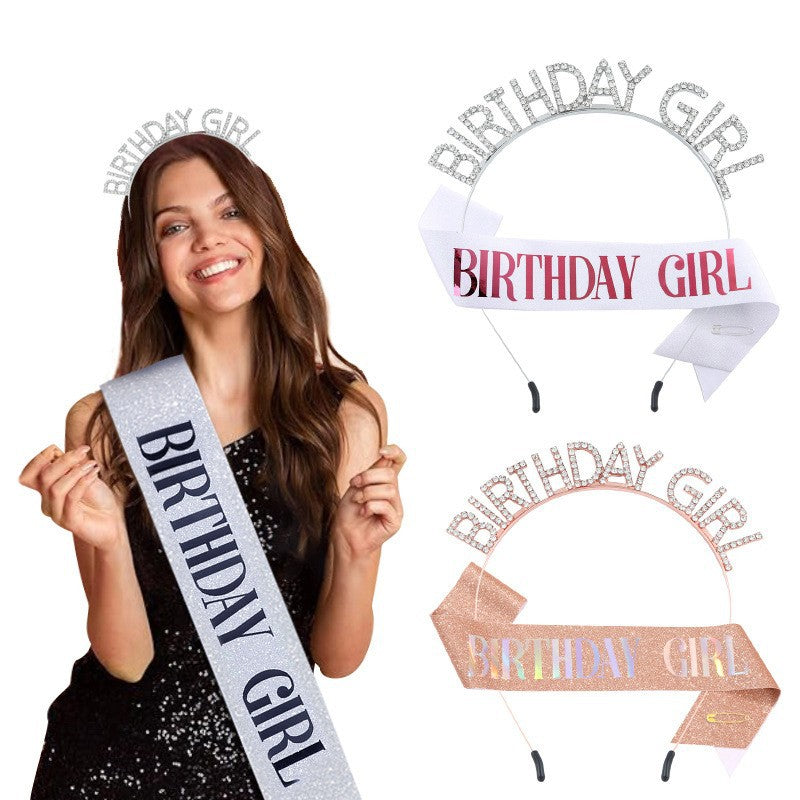Cross-Border Fashion Birthday Girl Birthday Gir Headband Shoulder Strap Set Rhinestone Decoration Party Headband Headdress - image 2