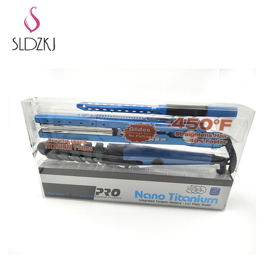 Cross-Border Foreign Trade New Three-In-One Portable Curling Iron Curling Iron Comb Set Splint Does Not Hurt Hair Blue - image 2