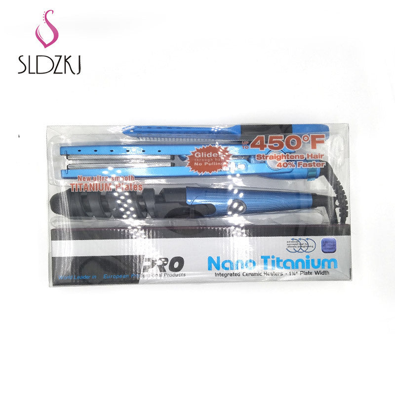 Cross-Border Foreign Trade New Three-In-One Portable Curling Iron Curling Iron Comb Set Splint Does Not Hurt Hair Blue - image 3