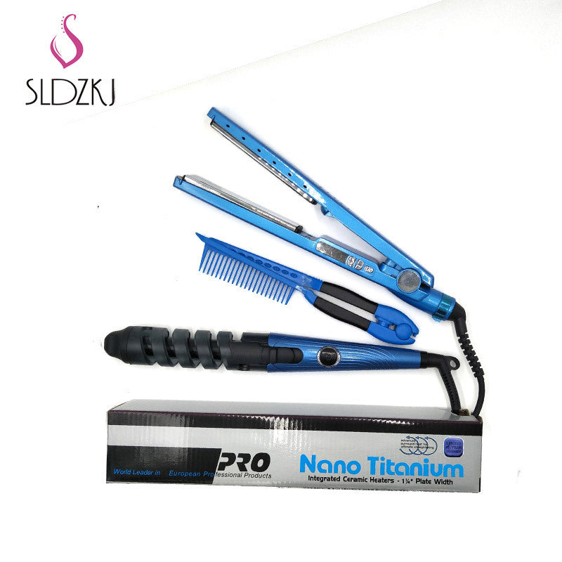 Cross-Border Foreign Trade New Three-In-One Portable Curling Iron Curling Iron Comb Set Splint Does Not Hurt Hair Blue - image 4