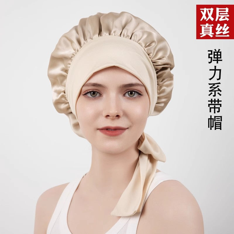 New Product 100 Mulberry Silk Plain Crepe Satin Smooth Hair Care Lace Adjustable Elastic Elastic Double Layer Silk Nightcap for Women - image 1