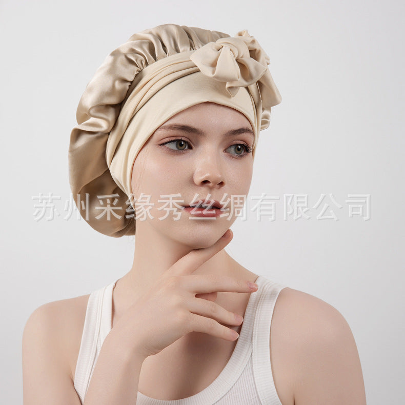 New Product 100 Mulberry Silk Plain Crepe Satin Smooth Hair Care Lace Adjustable Elastic Elastic Double Layer Silk Nightcap for Women - image 2