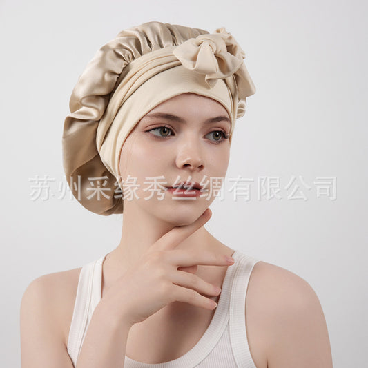 New Product 100 Mulberry Silk Plain Crepe Satin Smooth Hair Care Lace Adjustable Elastic Elastic Double Layer Silk Nightcap for Women - image 2