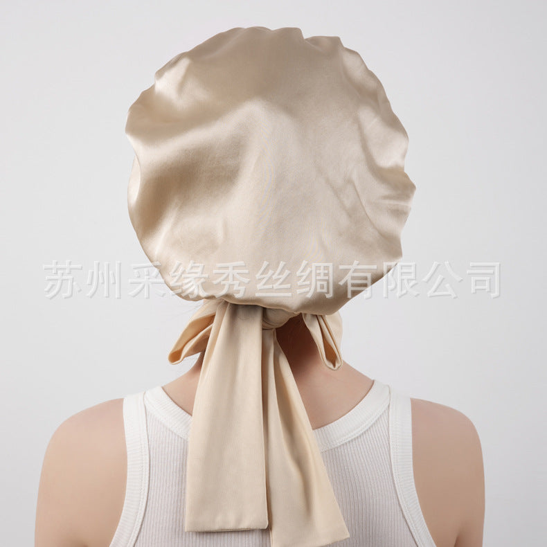 New Product 100 Mulberry Silk Plain Crepe Satin Smooth Hair Care Lace Adjustable Elastic Elastic Double Layer Silk Nightcap for Women - image 3