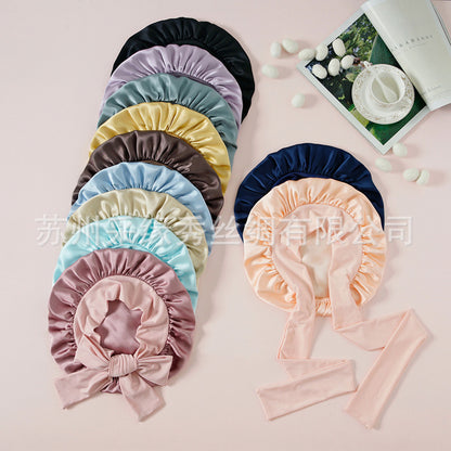 New Product 100 Mulberry Silk Plain Crepe Satin Smooth Hair Care Lace Adjustable Elastic Elastic Double Layer Silk Nightcap for Women - image 4