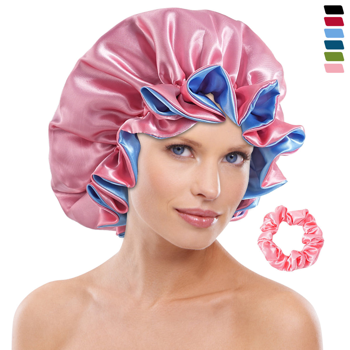 Cross-Border Best-Selling Satin Silk Nightcap Women's Double-Layer Large Lace Satin Hat Men's Curly Hair Pullover Hat with Wide Brim - image 1