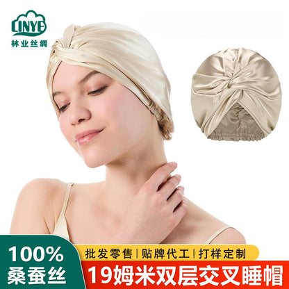 19mm Cross Hair Cap Double-Layer Silk Sleep Cap Postpartum Cap Shower Cap Women's 100% Mulberry Silk Sleep Cap Hair Hat - image 1