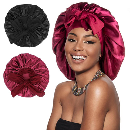 Cross-Border Satin Sleeping Cap Imitation Silk Sleeping Cap Satin Wide Hat Bow Sleeping Women's Curly Hair Cap - image 1