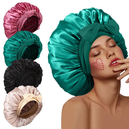 Cross-Border Satin Sleeping Cap Imitation Silk Sleeping Cap Satin Wide Hat Bow Sleeping Women's Curly Hair Cap - image 3