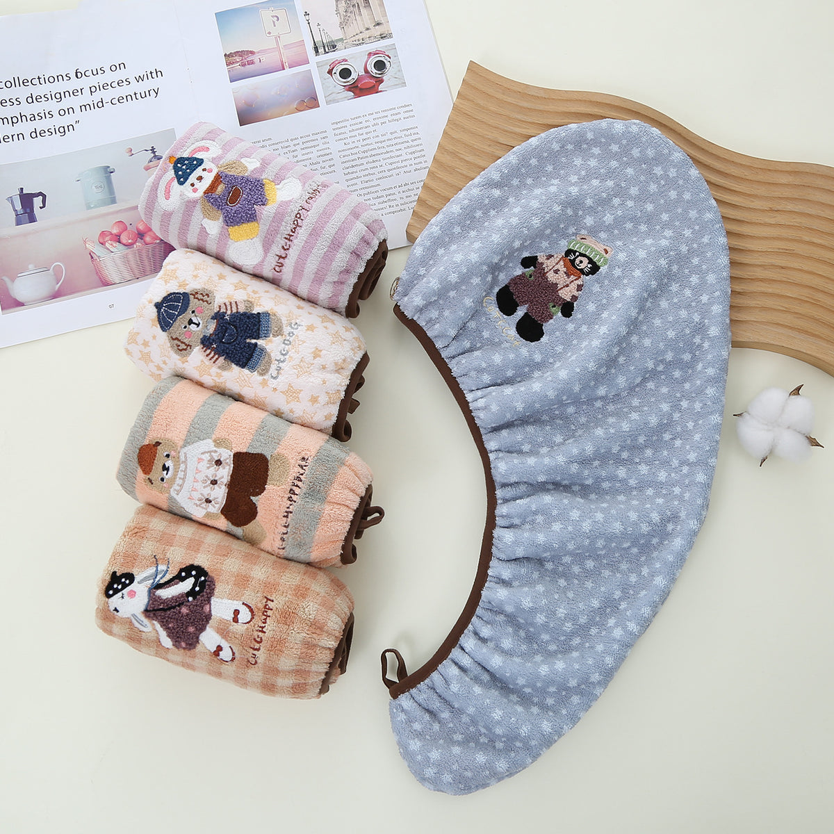 Factory Direct Supply Cute Zoo Embroidered Hair Drying Cap Coral Velvet Soft Absorbent Quick-Drying Shower Cap Adult Hair Drying Cap - image 2