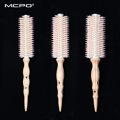 Korean Boar Bristle Curly Hair Comb Barber Shop Fluffy Styling Comb Beech Wood Handle Heat-Resistant Aluminum Tube Cylinder Roller Comb - image 1